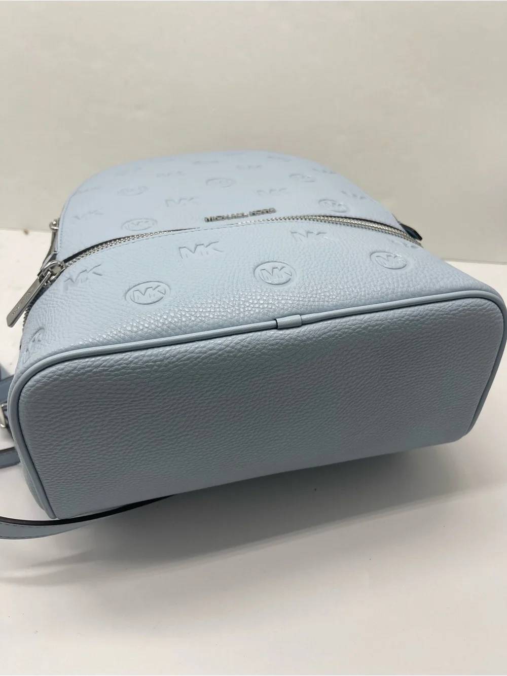 Michael Kors Rhea Medium Zip Logo Debossed Backpack Pale Ocean NWT